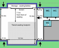 diagram of the martin read hall layout with dimensions and labels for toilets an seating