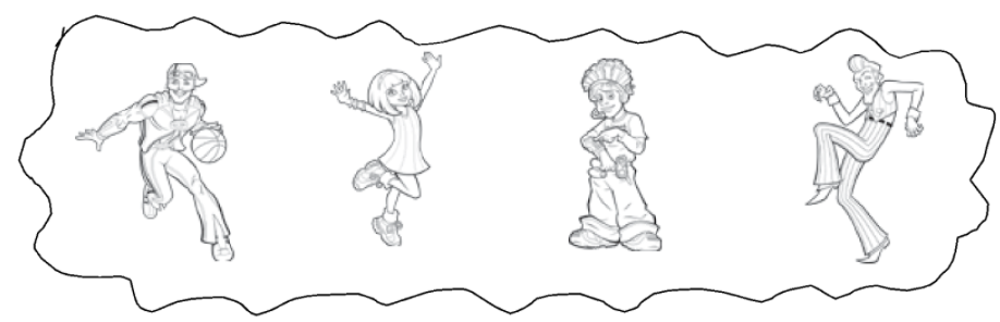 a drawing of figurines Sportacus, Stephanie, pixel and Robbie Rotten
