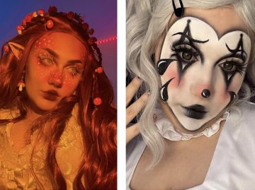 Two images of creative makeup looks, the first is in the style of a woodland fairy and the second is in a clown or joker style